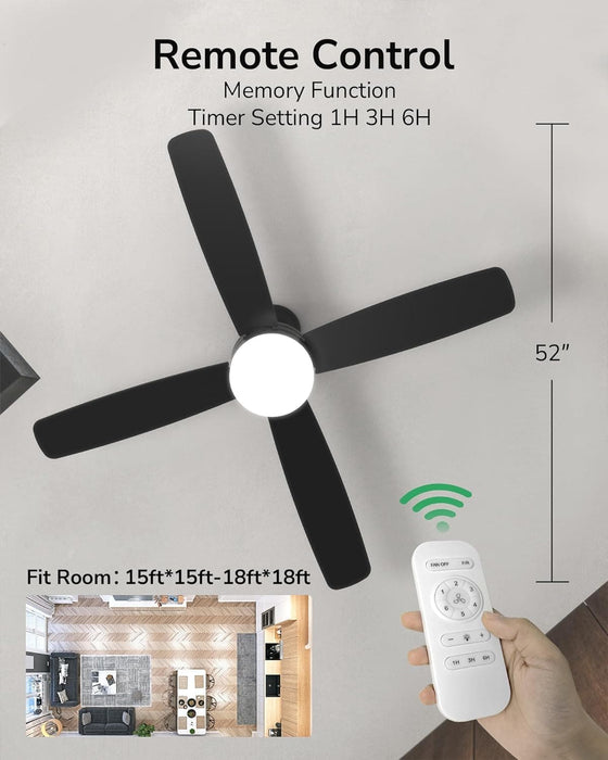 52 in. Modern Black Indoor Outdoor Ceiling Fan with Light and Remote for Patio Bedroom, Farmhouse Dimmable LED Quiet Reversible Fan in Winter Summer-6-ErisView