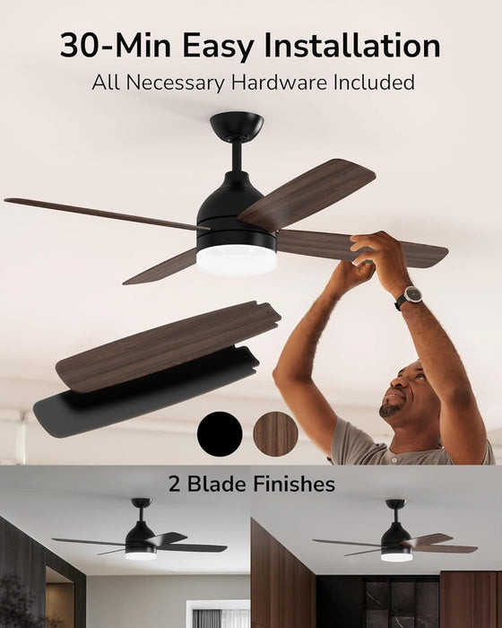 52 in. Modern Black Indoor Outdoor Ceiling Fan with Light and Remote for Patio Bedroom, Farmhouse Dimmable LED Quiet Reversible Fan in Winter Summer-7-ErisView