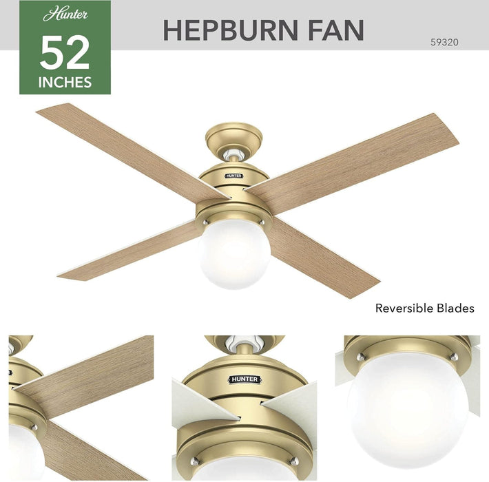 52 in. Modern Brass Ceiling Fan with LED Light Kit and Wall Control, Hugger Ceiling Fan with Light-2-ErisView