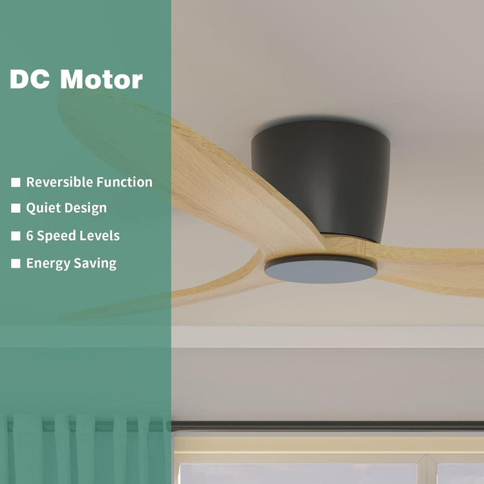 52 in. Modern Ceiling Fan NO Light, Natural Wood Low Profile Flush Mount Outdoor Remote Control Fan, Popular Ceiling Fans-2-ErisView