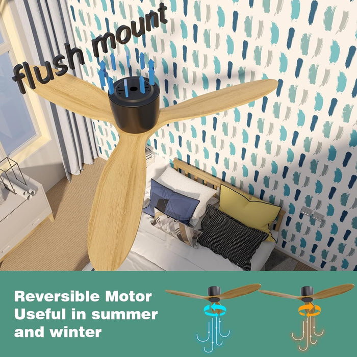 52 in. Modern Ceiling Fan NO Light, Natural Wood Low Profile Flush Mount Outdoor Remote Control Fan, Popular Ceiling Fans-3-ErisView