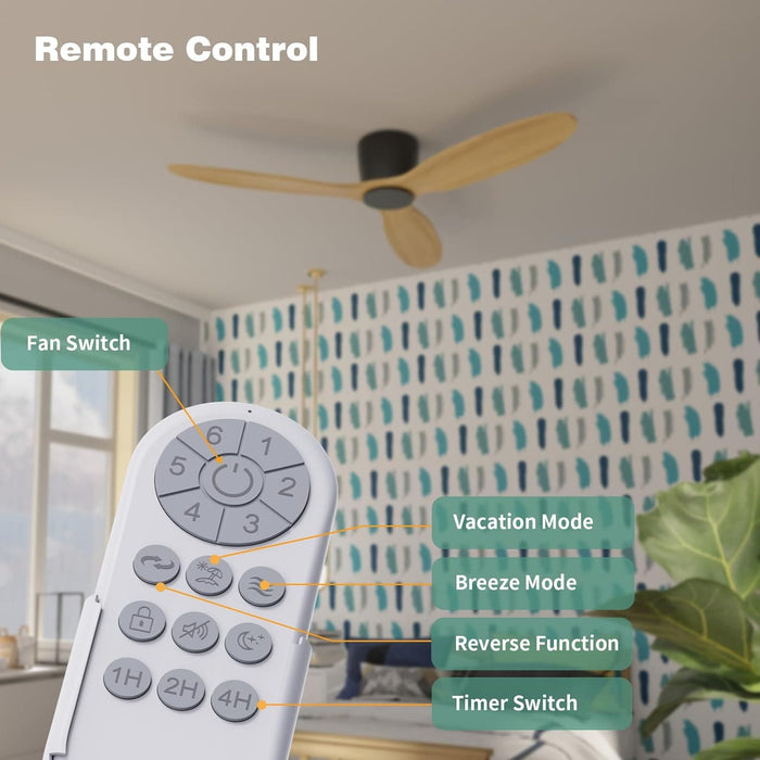 52 in. Modern Ceiling Fan NO Light, Natural Wood Low Profile Flush Mount Outdoor Remote Control Fan, Popular Ceiling Fans-5-ErisView