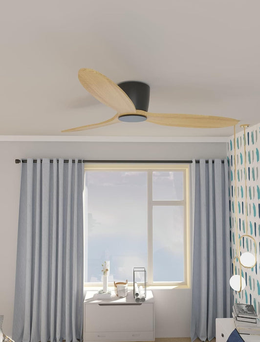 52 in. Modern Ceiling Fan NO Light, Natural Wood Low Profile Flush Mount Outdoor Remote Control Fan, Popular Ceiling Fans-8-ErisView
