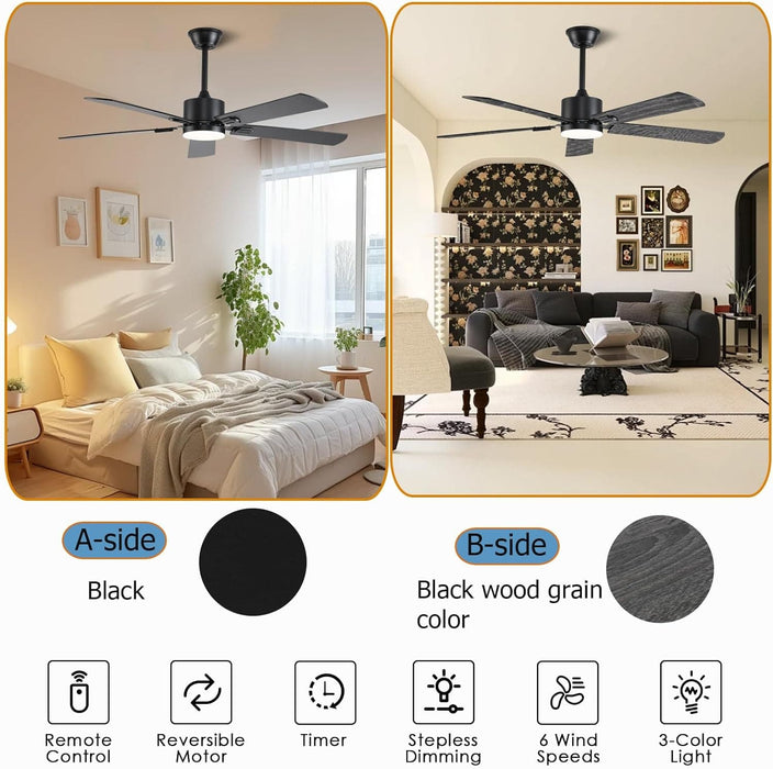 52 in. Modern Ceiling Fan with Light, Black Low Profile Outdoor Ceiling Fan with APP Remote Control for Patio, Reversible Indoor Bedroom Living Room Fan-5-ErisView