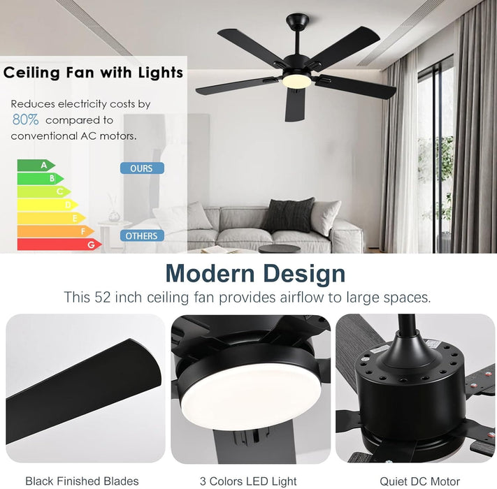 52 in. Modern Ceiling Fan with Light, Black Low Profile Outdoor Ceiling Fan with APP Remote Control for Patio, Reversible Indoor Bedroom Living Room Fan-6-ErisView