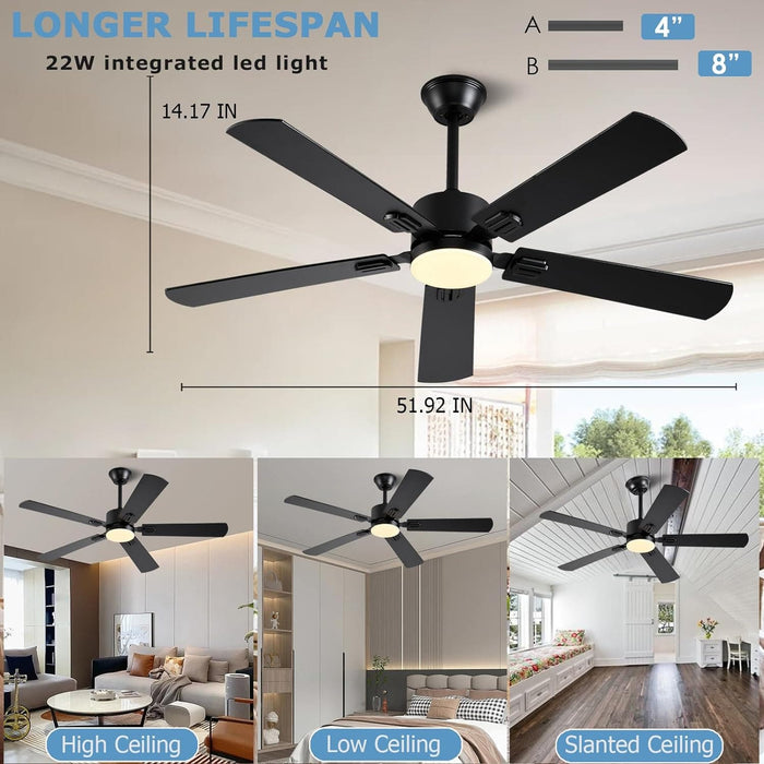 52 in. Modern Ceiling Fan with Light, Black Low Profile Outdoor Ceiling Fan with APP Remote Control for Patio, Reversible Indoor Bedroom Living Room Fan-7-ErisView