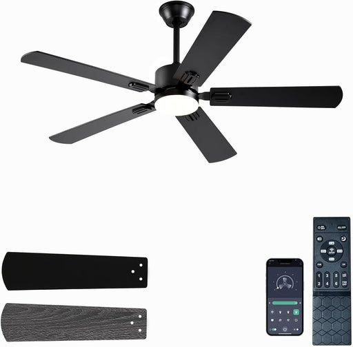 52 in. Modern Ceiling Fan with Light, Black Low Profile Outdoor Ceiling Fan with APP Remote Control for Patio, Reversible Indoor Bedroom Living Room Fan-1-ErisView