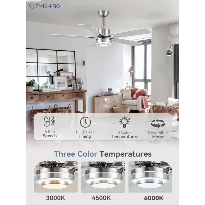 52 in. Modern Ceiling Fan with Remote, Set of 2 Ceiling Fans with Light, Quiet Ceiling Fans with Bedroom Kitchen, Brushed Nickel Ceiling Fan-2-ErisView