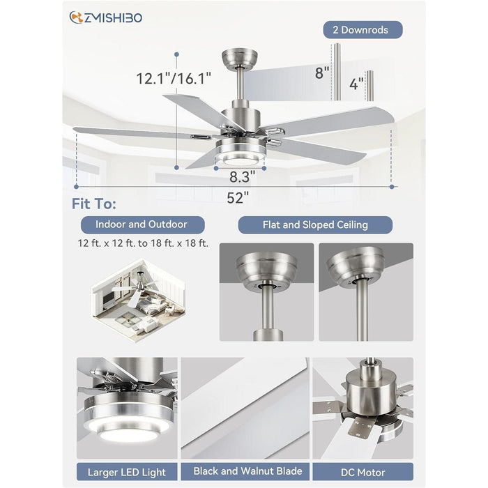 52 in. Modern Ceiling Fan with Remote, Set of 2 Ceiling Fans with Light, Quiet Ceiling Fans with Bedroom Kitchen, Brushed Nickel Ceiling Fan-5-ErisView
