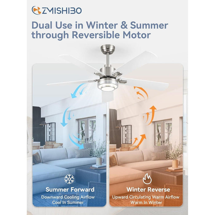 52 in. Modern Ceiling Fan with Remote, Set of 2 Ceiling Fans with Light, Quiet Ceiling Fans with Bedroom Kitchen, Brushed Nickel Ceiling Fan-6-ErisView