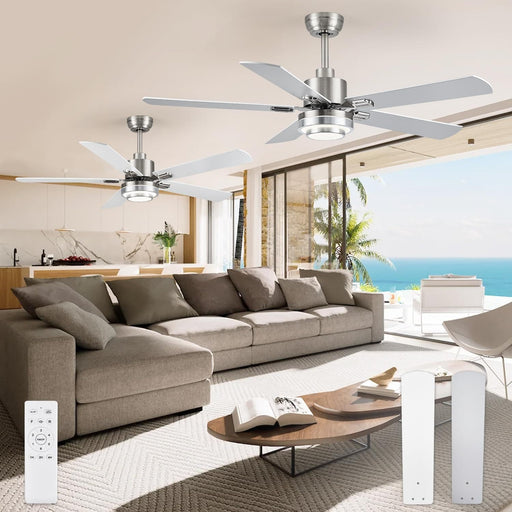 52 in. Modern Ceiling Fan with Remote, Set of 2 Ceiling Fans with Light, Quiet Ceiling Fans with Bedroom Kitchen, Brushed Nickel Ceiling Fan-1-ErisView
