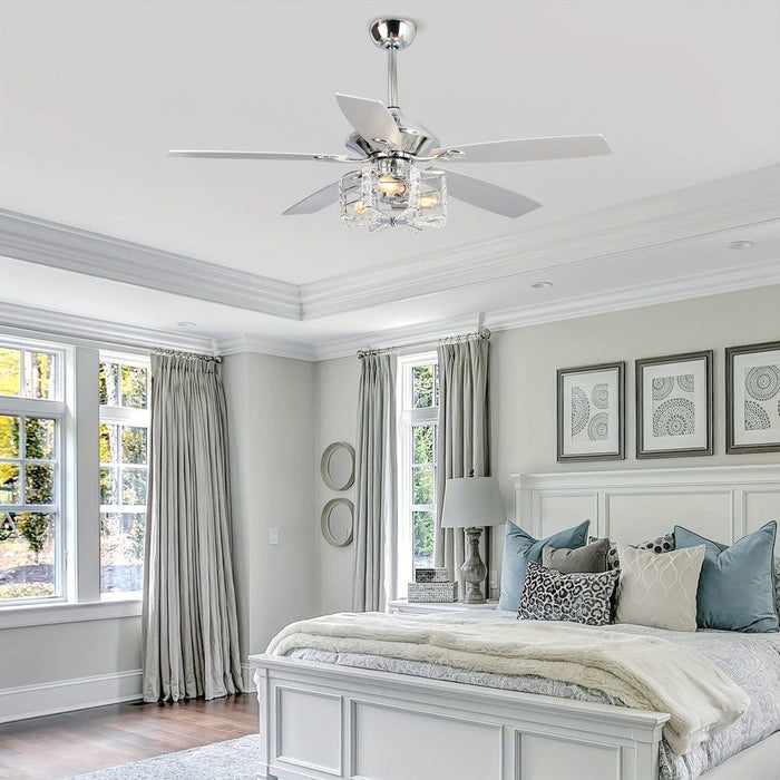 52 in. Modern Chrome Crystal Ceiling Fan with Remote, 5-Blade White Ceiling Fan-ErisView