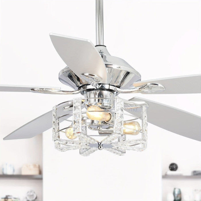 52 in. Modern Chrome Crystal Ceiling Fan with Remote, 5-Blade White Ceiling Fan-ErisView