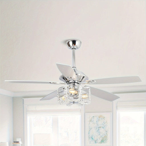 52 in. Modern Chrome Crystal Ceiling Fan with Remote, 5-Blade White Ceiling Fan-ErisView