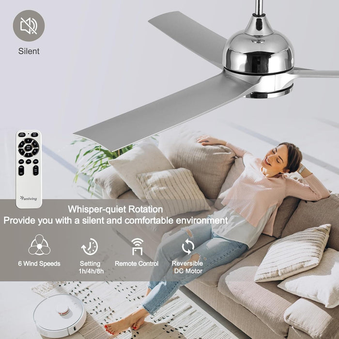 52 in. Modern Fan with Light, Silver Ceiling Fan with Remote, Quiet Reversible DC Ceiling Fan, LED 3 Blade Indoor Ceiling Fans for Bedroom Living Room -6-ErisView