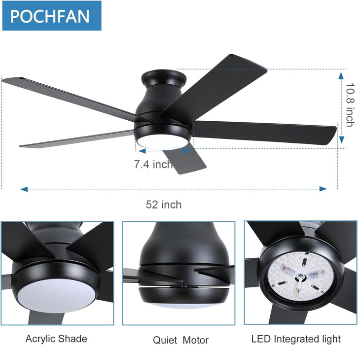 52 in. Modern Flush Mount Low Profile Ceiling Fan with Lights and Remote, Dimmable Bedroom Ceiling Fans, Living Room Fan, Brushed Nickel Ceiling Fan-27-ErisView