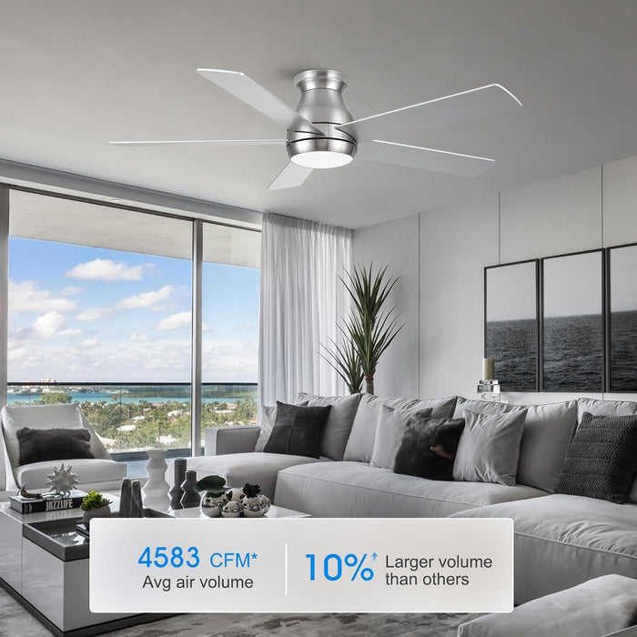 52 in. Modern Flush Mount Low Profile Ceiling Fan with Lights and Remote, Dimmable Bedroom Ceiling Fans, Living Room Fan, Brushed Nickel Ceiling Fan-2-ErisView