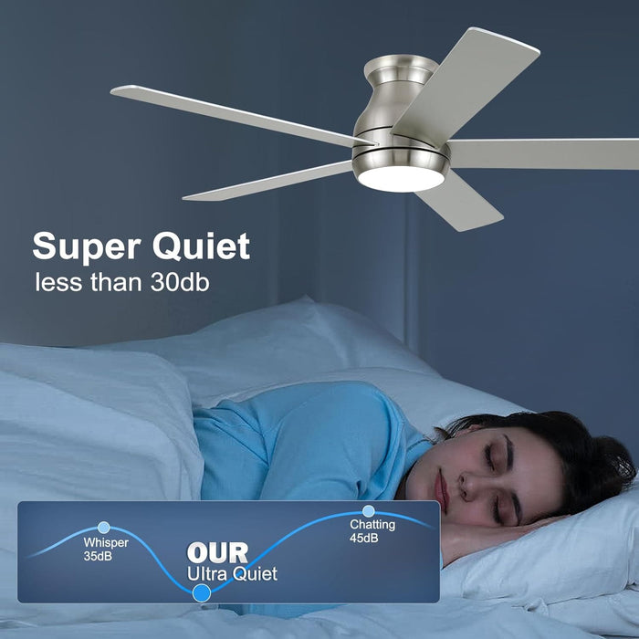 52 in. Modern Flush Mount Low Profile Ceiling Fan with Lights and Remote, Dimmable Bedroom Ceiling Fans, Living Room Fan, Brushed Nickel Ceiling Fan-4-ErisView
