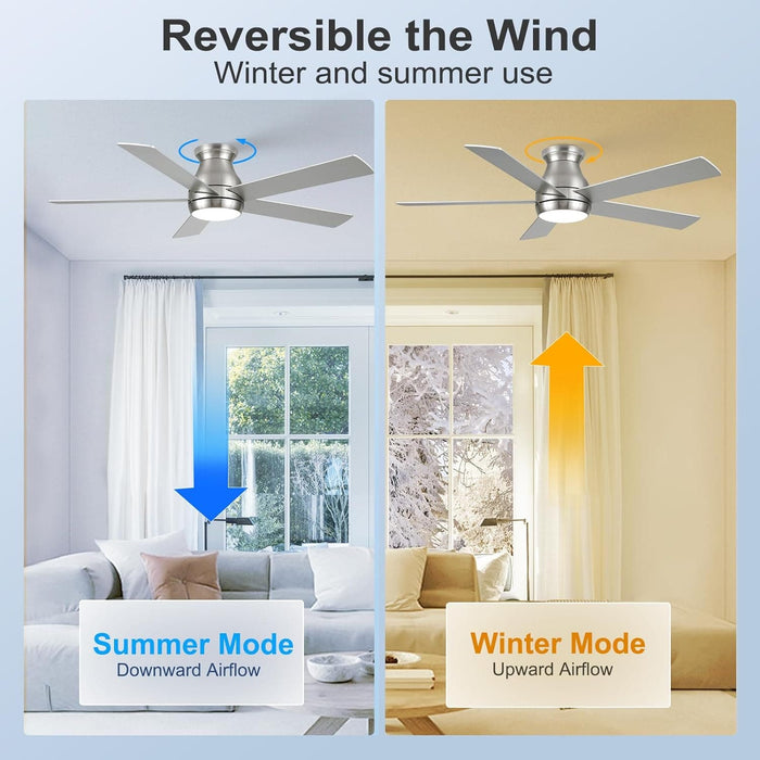 52 in. Modern Flush Mount Low Profile Ceiling Fan with Lights and Remote, Dimmable Bedroom Ceiling Fans, Living Room Fan, Brushed Nickel Ceiling Fan-5-ErisView