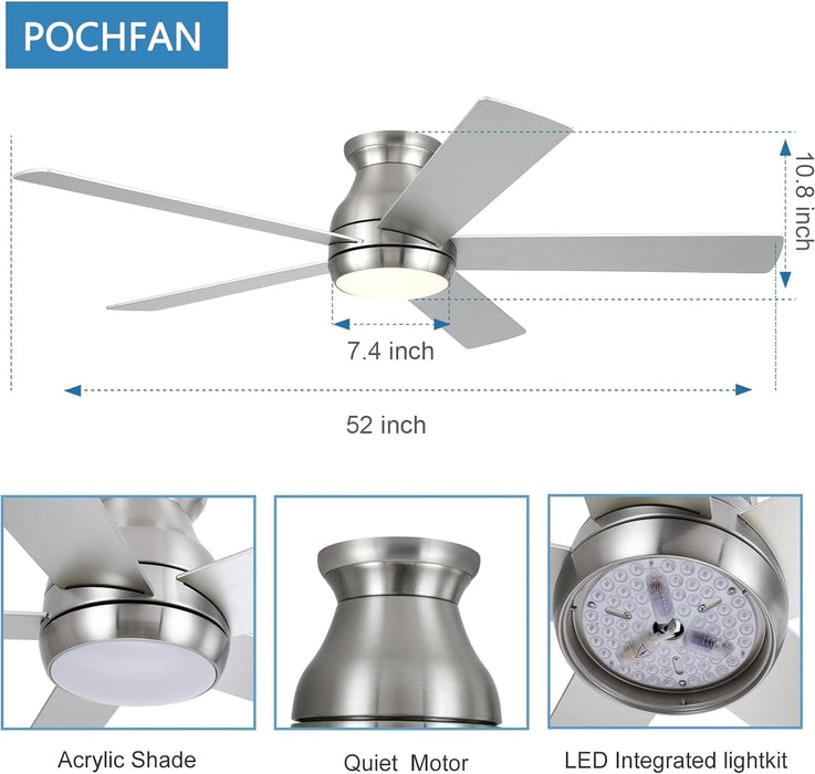 52 in. Modern Flush Mount Low Profile Ceiling Fan with Lights and Remote, Dimmable Bedroom Ceiling Fans, Living Room Fan, Brushed Nickel Ceiling Fan-9-ErisView