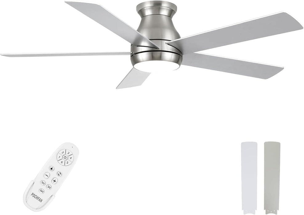 52 in. Modern Flush Mount Low Profile Ceiling Fan with Lights and Remote, Dimmable Bedroom Ceiling Fans, Living Room Fan, Brushed Nickel Ceiling Fan-1-ErisView