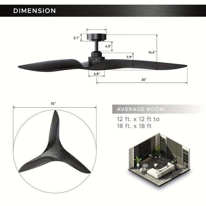 52 in. Modern Living Room Ceiling Fan, Black Downrod Ceiling Fan with Remote Control for Bedroom-ErisView