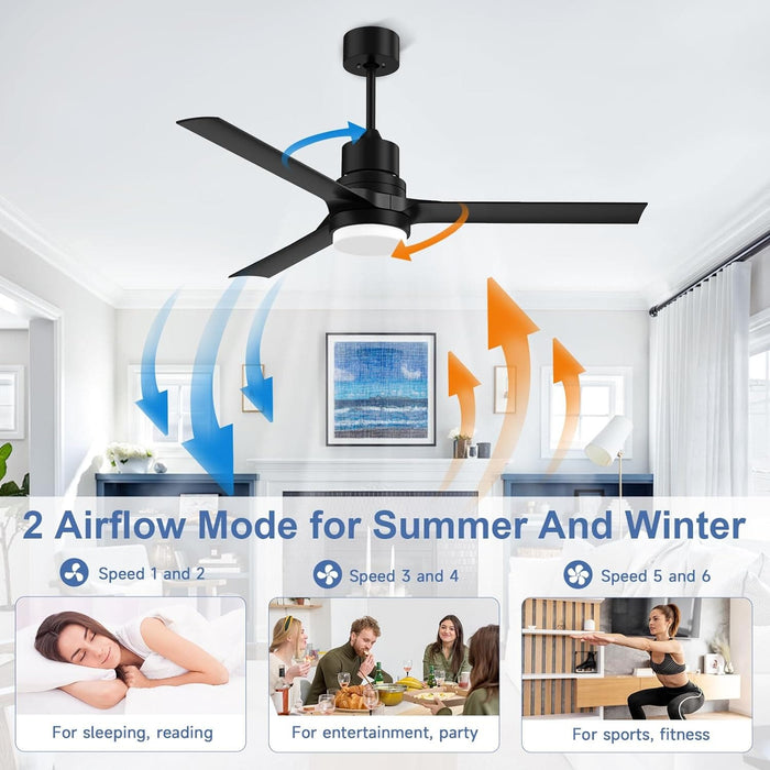52 in. Modern Remote Ceiling Fan with Light and Remote, Indoor Black Ceiling Fan for Bedroom Living Room Kitchen, Outdoor Patio Fans-3-ErisView