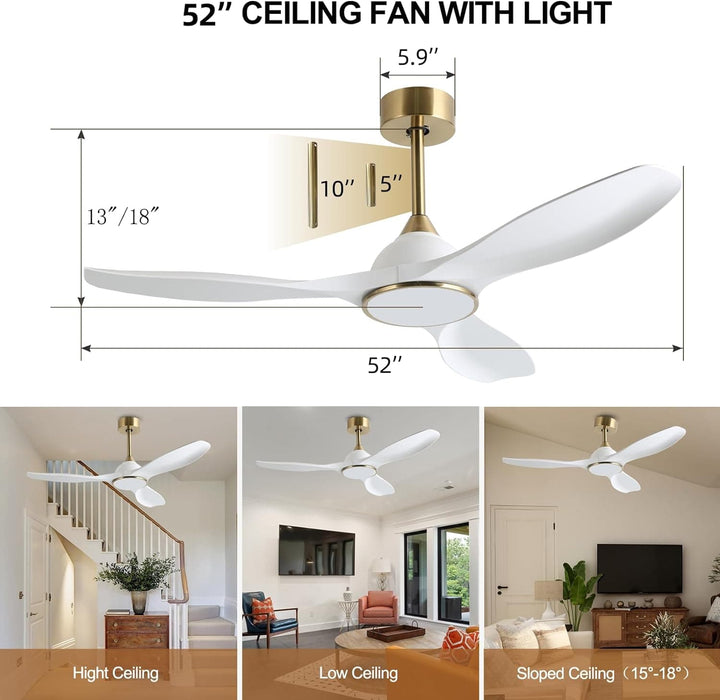 52 in. Modern Reversible Quiet Ceiling Fans with Light and Remote, 3 Blade White Gold Indoor Ceiling Fan for Bedroom Living Room-5-ErisView