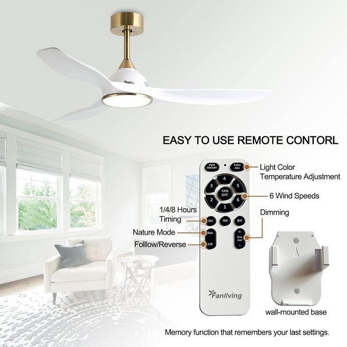 52 in. Modern Reversible Quiet Ceiling Fans with Light and Remote, 3 Blade White Gold Indoor Ceiling Fan for Bedroom Living Room-6-ErisView