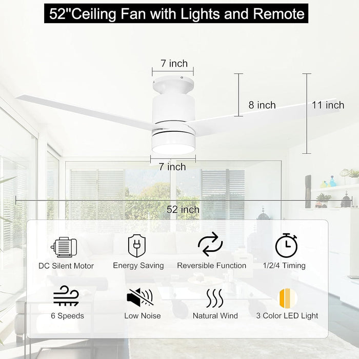 52 in. Modern White Ceiling Fan with Light and Remote, Low Profile Flush Mount Outdoor Ceiling Fan, 3 Blade Farmhouse Outdoor Patio Ceiling Fans-2-ErisView