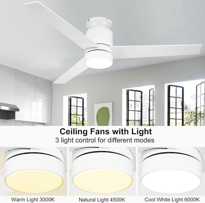 52 in. Modern White Ceiling Fan with Light and Remote, Low Profile Flush Mount Outdoor Ceiling Fan, 3 Blade Farmhouse Outdoor Patio Ceiling Fans-3-ErisView
