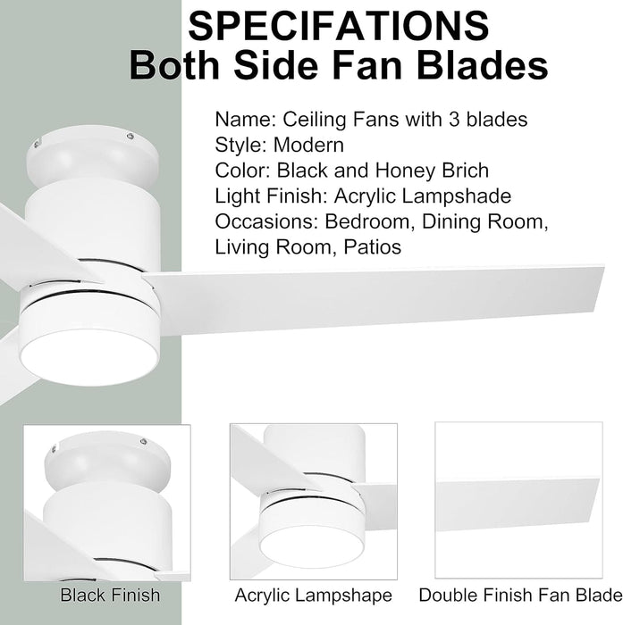 52 in. Modern White Ceiling Fan with Light and Remote, Low Profile Flush Mount Outdoor Ceiling Fan, 3 Blade Farmhouse Outdoor Patio Ceiling Fans-7-ErisView
