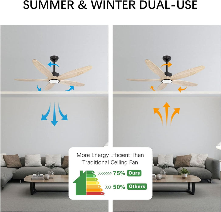 52 in. Natural Wood Blades Remote Ceiling Fan with Light, Reversible Quiet Ceiling Fans, LED Dimmable Ceiling Fan for Bedroom Living Room-4-ErisView