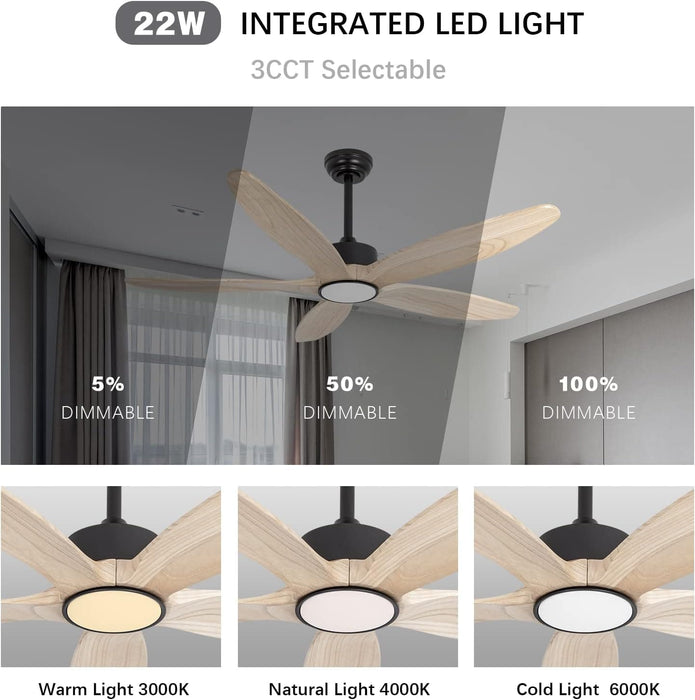 52 in. Natural Wood Blades Remote Ceiling Fan with Light, Reversible Quiet Ceiling Fans, LED Dimmable Ceiling Fan for Bedroom Living Room-6-ErisView