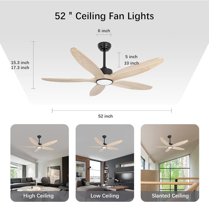 52 in. Natural Wood Blades Remote Ceiling Fan with Light, Reversible Quiet Ceiling Fans, LED Dimmable Ceiling Fan for Bedroom Living Room-7-ErisView
