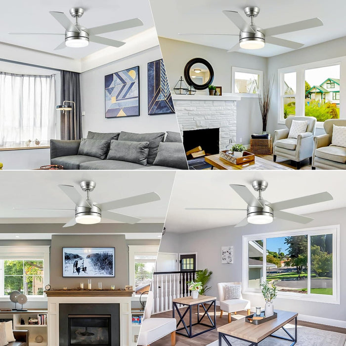 52 in. Nickel Ceiling Fan with Light and Remote. Dimmable LED Reversible Quiet Ceiling Fan. 5 Blade Modern Ceiling Fan for Bedroom Living Room Dining Room-2-ErisView