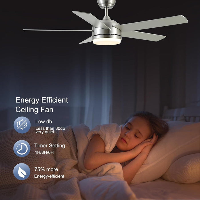 52 in. Nickel Ceiling Fan with Light and Remote. Dimmable LED Reversible Quiet Ceiling Fan. 5 Blade Modern Ceiling Fan for Bedroom Living Room Dining Room-3-ErisView