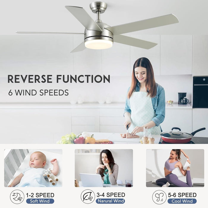 52 in. Nickel Ceiling Fan with Light and Remote. Dimmable LED Reversible Quiet Ceiling Fan. 5 Blade Modern Ceiling Fan for Bedroom Living Room Dining Room-6-ErisView
