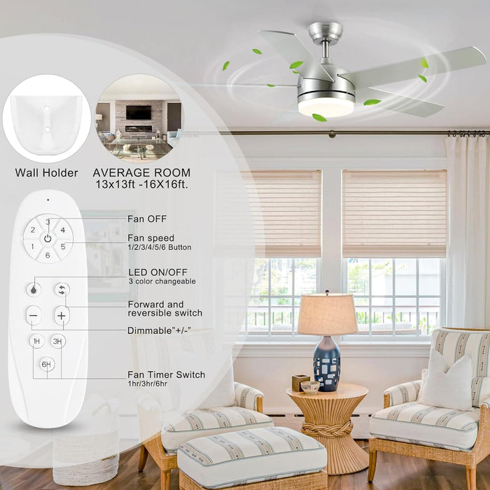 52 in. Nickel Ceiling Fan with Light and Remote. Dimmable LED Reversible Quiet Ceiling Fan. 5 Blade Modern Ceiling Fan for Bedroom Living Room Dining Room-7-ErisView