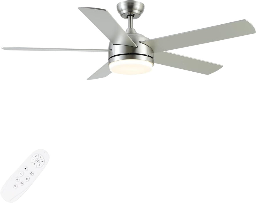 52 in. Nickel Ceiling Fan with Light and Remote. Dimmable LED Reversible Quiet Ceiling Fan. 5 Blade Modern Ceiling Fan for Bedroom Living Room Dining Room-1-ErisView