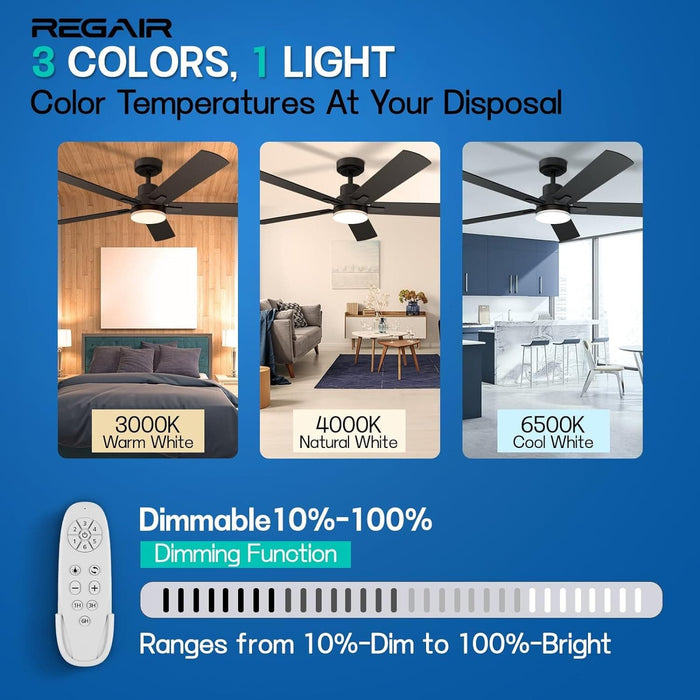 52 in. Outdoor Ceiling Fan with Light and Remote, Popular Ceiling Fans, Dimmable Noiseless Black Bedroom Ceiling Living Room Fan-2-ErisView