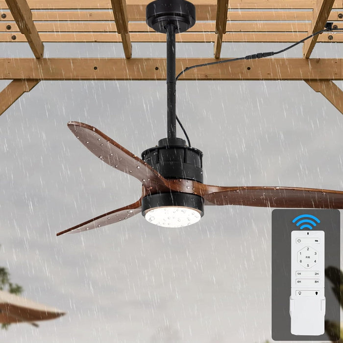 52 in. Outdoor Ceiling Fan with Light for Patio, Waterproof Reversible DC Ceiling Fan, 3 Walnut Wood Blade Wet Rated Outdoor Ceiling Fans-27-ErisView