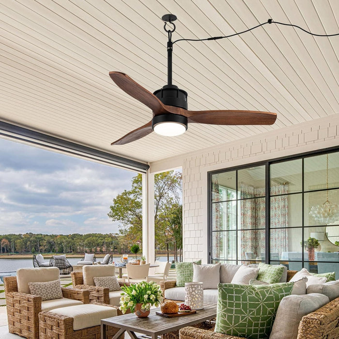 52 in. Outdoor Ceiling Fan with Light for Patio, Waterproof Reversible DC Ceiling Fan, 3 Walnut Wood Blade Wet Rated Outdoor Ceiling Fans-41-ErisView