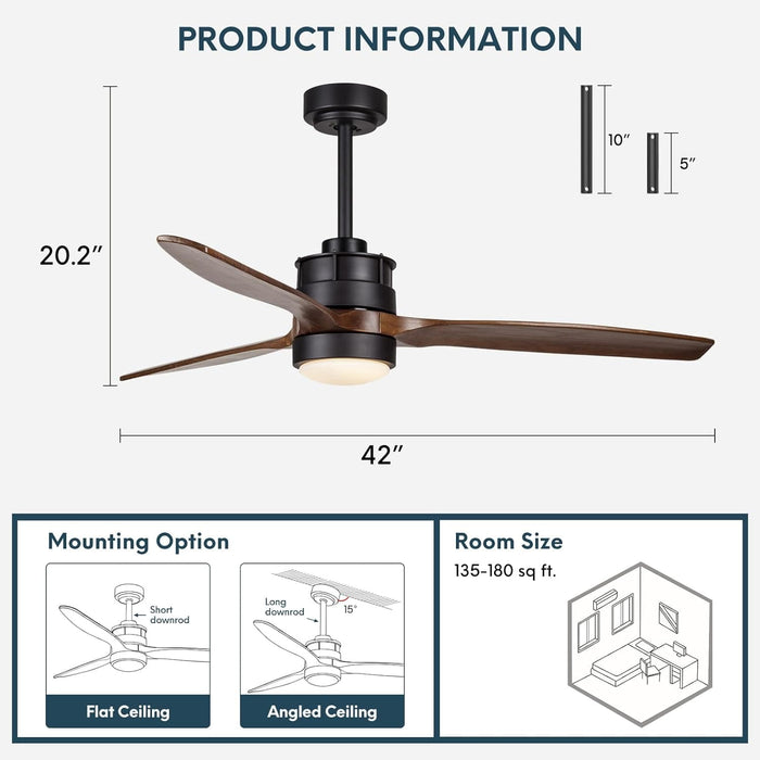 52 in. Outdoor Ceiling Fan with Light for Patio, Waterproof Reversible DC Ceiling Fan, 3 Walnut Wood Blade Wet Rated Outdoor Ceiling Fans-45-ErisView