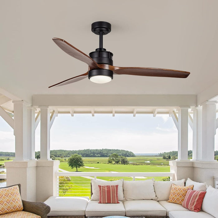 52 in. Outdoor Ceiling Fan with Light for Patio, Waterproof Reversible DC Ceiling Fan, 3 Walnut Wood Blade Wet Rated Outdoor Ceiling Fans-48-ErisView