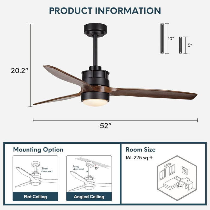 52 in. Outdoor Ceiling Fan with Light for Patio, Waterproof Reversible DC Ceiling Fan, 3 Walnut Wood Blade Wet Rated Outdoor Ceiling Fans-4-ErisView