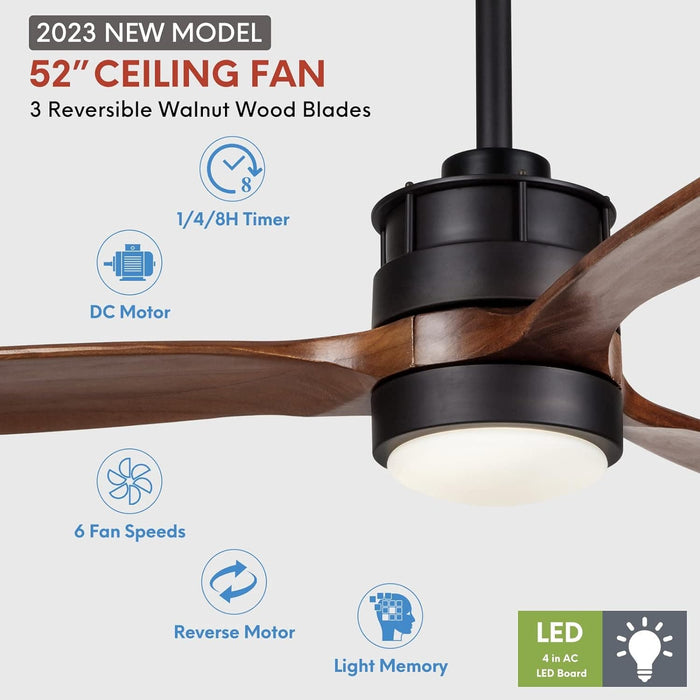 52 in. Outdoor Ceiling Fan with Light for Patio, Waterproof Reversible DC Ceiling Fan, 3 Walnut Wood Blade Wet Rated Outdoor Ceiling Fans-54-ErisView