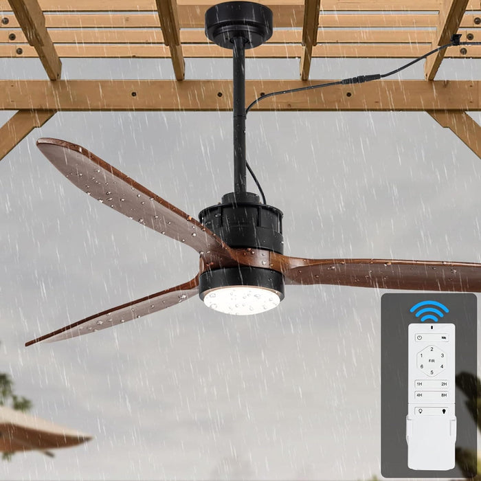 52 in. Outdoor Ceiling Fan with Light for Patio, Waterproof Reversible DC Ceiling Fan, 3 Walnut Wood Blade Wet Rated Outdoor Ceiling Fans-55-ErisView