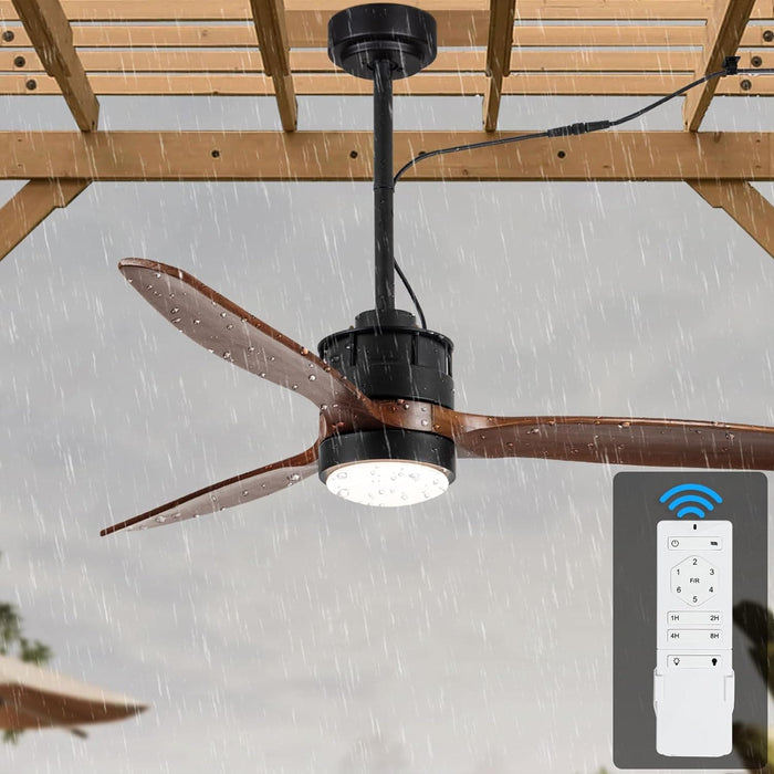 52 in. Outdoor Ceiling Fan with Light for Patio, Waterproof Reversible DC Ceiling Fan, 3 Walnut Wood Blade Wet Rated Outdoor Ceiling Fans-67-ErisView