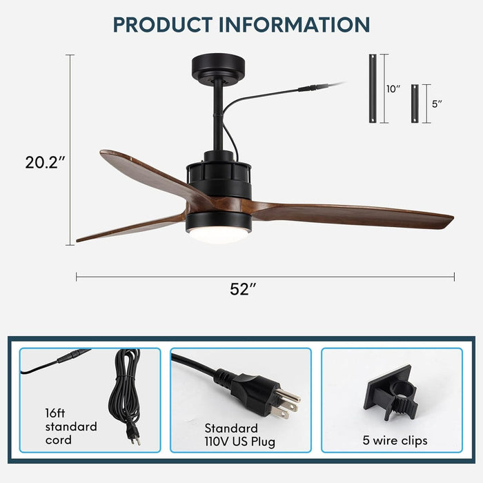 52 in. Outdoor Ceiling Fan with Light for Patio, Waterproof Reversible DC Ceiling Fan, 3 Walnut Wood Blade Wet Rated Outdoor Ceiling Fans-68-ErisView